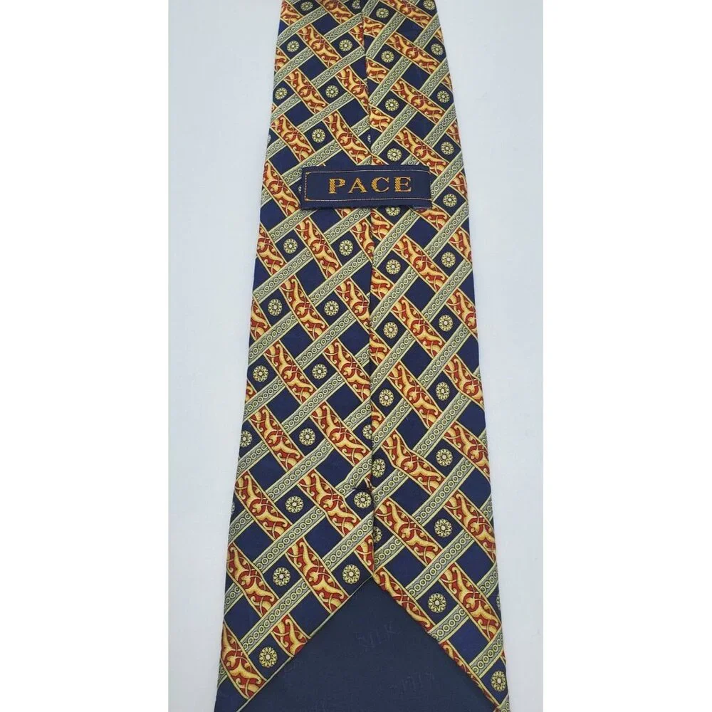 Pace Tie 100% Silk Yellow Blue‎ Red 1990s Vintage Classic Colorful Necktie